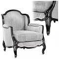 Elegant Classic Armchair With Gray Fabric Upholstery And Dark Wooden Carved Frame Curved Legs