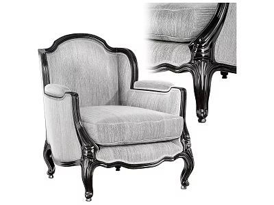 Elegant Classic Armchair With Gray Fabric Upholstery And Dark Wooden Carved Frame Curved Legs 3d model