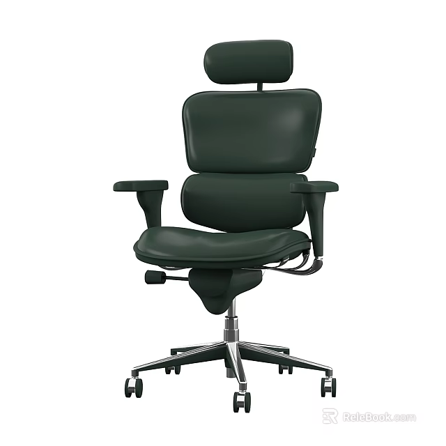 Ergonomic Dark Green Leather Office Desk Chair Set With Adjustable Headrest And Swivel Wheels 3d model 