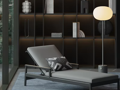 Modern Gray Lounge Chair With Geometric Cushion And Round Floor Lamp By Dark Bookshelf 3d model