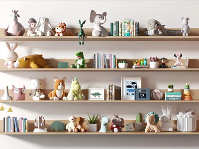Decorative Ornament Set with Animal Figurines Books Small Plants and Photo Frames on Wooden Shelves 3d model