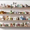 Decorative Ornament Set with Animal Figurines Books Small Plants and Photo Frames on Wooden Shelves