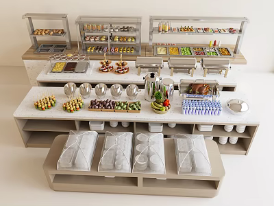 Restaurant Buffet Station With Assorted Foods Fresh Fruits Desserts Beverages And Dining Utensils 3d model