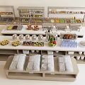 Restaurant Buffet Station With Assorted Foods Fresh Fruits Desserts Beverages And Dining Utensils