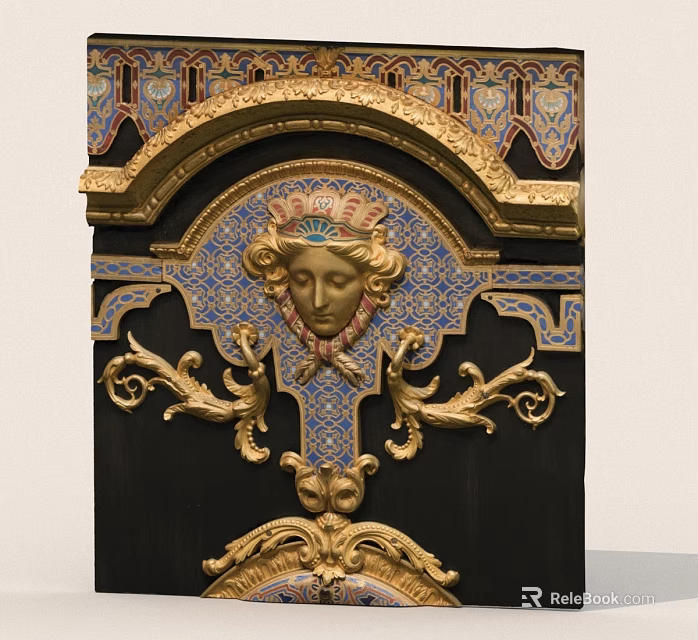 Ornate Decorative Panel With Golden Carvings Blue Patterns And Face Relief 3d model