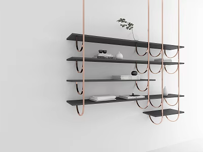 Black Hanging Bookshelf With Copper Ropes Multiple Shelves And Books Decorative Items On White Wall 3d model