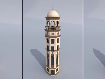 Classical Multi Story Tower With White Dome Arched Windows And Balcony Design 3d model