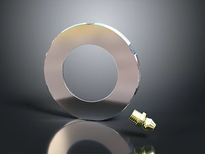 Shiny Metal Washer Ring With Golden Bolt Displayed On Dark Background 3d model