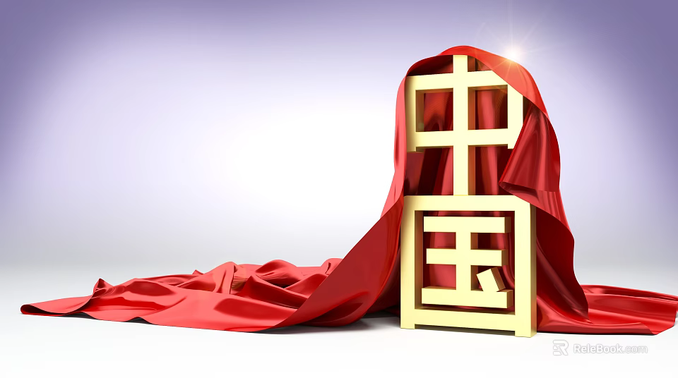 Golden Chinese Character Display With Red Silk Cloth And Shining Light 3d model 
