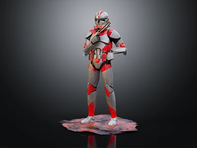 Armored Character In Red Gray Armor Holding Weapon Standing On Detailed Base 3d model