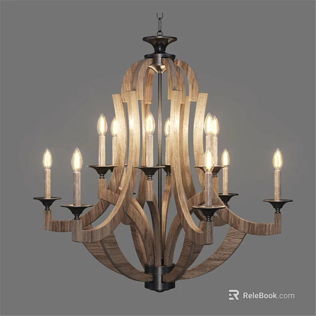 Modern Rustic Wooden Chandelier with Curved Frame and Candle Shaped Lights 3d model 