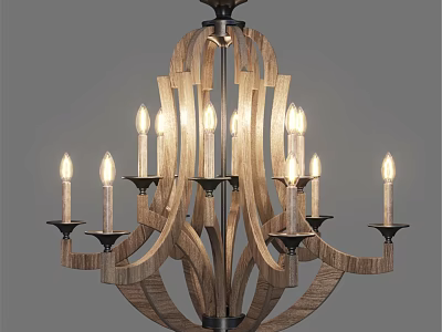 Modern Rustic Wooden Chandelier with Curved Frame and Candle Shaped Lights 3d model