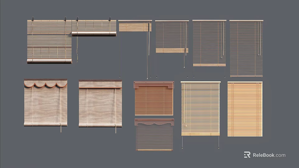 Window Curtain Styles with Various Wooden Bamboo and Roller Blinds for Home 3d model 