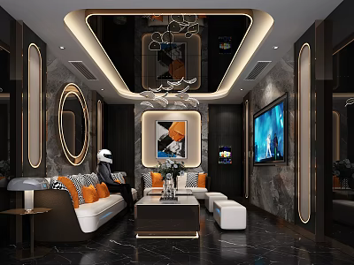 Luxurious Modern KTV Interior With Comfortable Sofa TV Chandelier And Marble Walls 3d model
