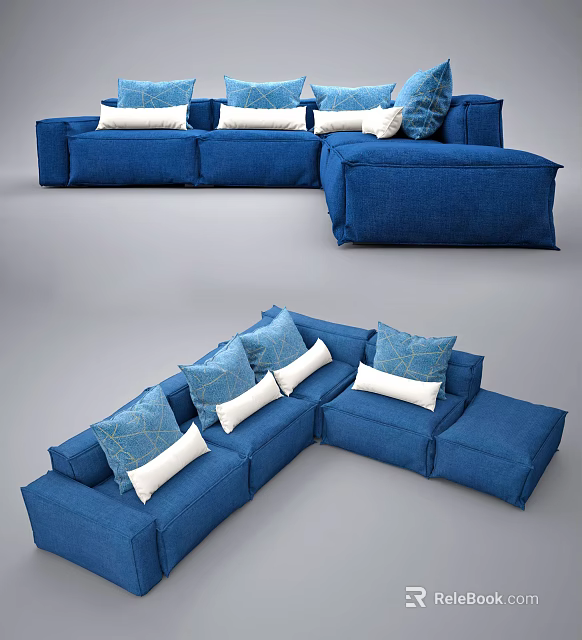 Blue Sectional Sofa Featuring White and Patterned Accent Pillows Modern Design 3d model