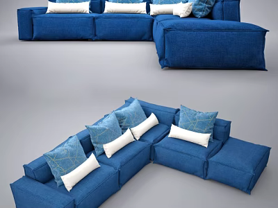 Blue Sectional Sofa Featuring White and Patterned Accent Pillows Modern Design 3d model