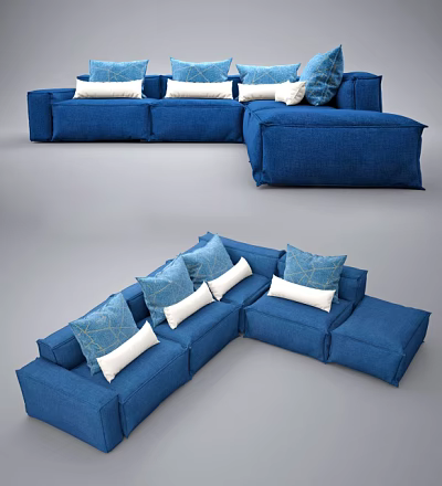 Blue Sectional Sofa Featuring White and Patterned Accent Pillows Modern Design 3d model