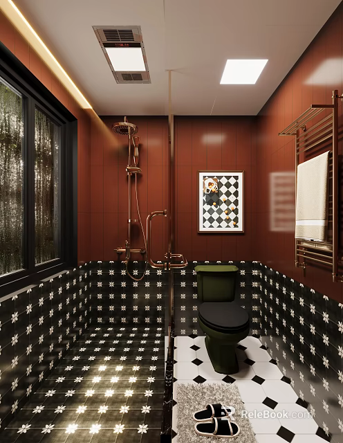 Stylish Bathroom Interior With Red Walls Black And White Tiles Green Toilet And Shower Fixture 3d model 