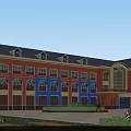 Colorful School Building With Red And Blue Walls Multiple Arched Windows And Green Lawns