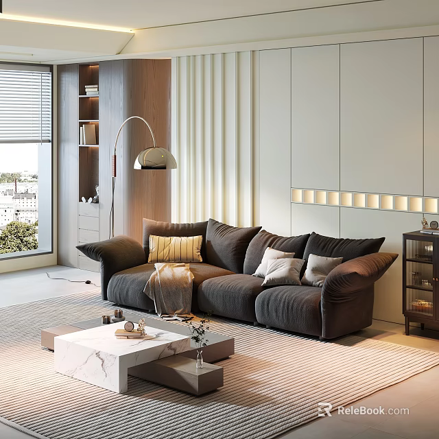 Modern Dark Sofa With Plush Pillows And White Marble Coffee Table In Living Room 3d model 