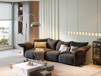 Modern Dark Sofa With Plush Pillows And White Marble Coffee Table In Living Room 3d model