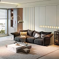 Modern Dark Sofa With Plush Pillows And White Marble Coffee Table In Living Room