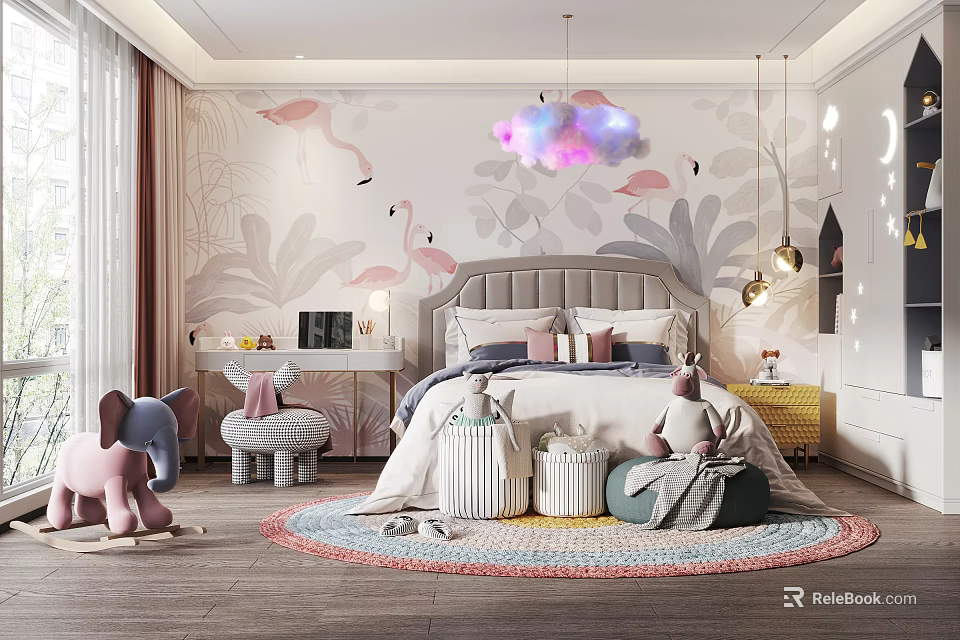 Playful Kids Room Design With Flamingo Wall Cloud Pendant Light Stuffed Toys And Soft Rug 3d model 