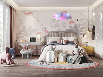 Playful Kids Room Design With Flamingo Wall Cloud Pendant Light Stuffed Toys And Soft Rug 3d model