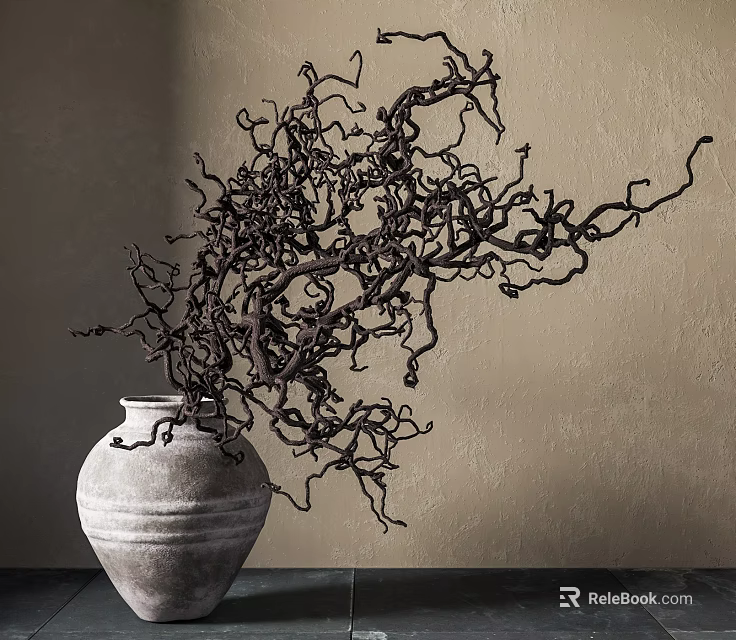 White Ceramic Vase With Twisted Dark Branches Against Beige Wall And Dark Floor 3d model 