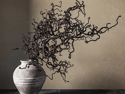 White Ceramic Vase With Twisted Dark Branches Against Beige Wall And Dark Floor 3d model