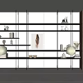 Stylish Modern Storage Shelving with Open Glass Metal Layers Decorative Items Books and Green Plants