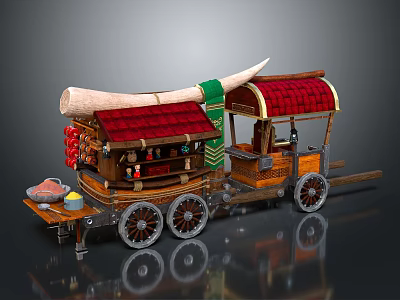Vintage Functional Vending Cart With Wooden Structure Red Canopy And Wheels 3d model