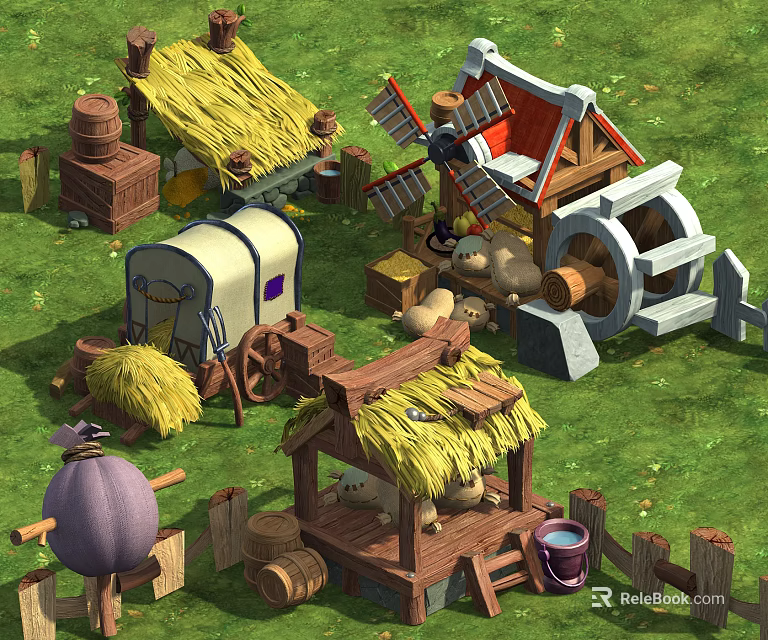 Cartoon Scenic Village With Thatched Roof Huts Windmill And Sheep On Green Grass 3d model 