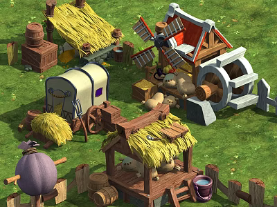 Cartoon Scenic Village With Thatched Roof Huts Windmill And Sheep On Green Grass 3d model