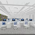 Modern Office Interior With Open Workspace White Desks Computers Green Accent Wall And Large Windows 3d model