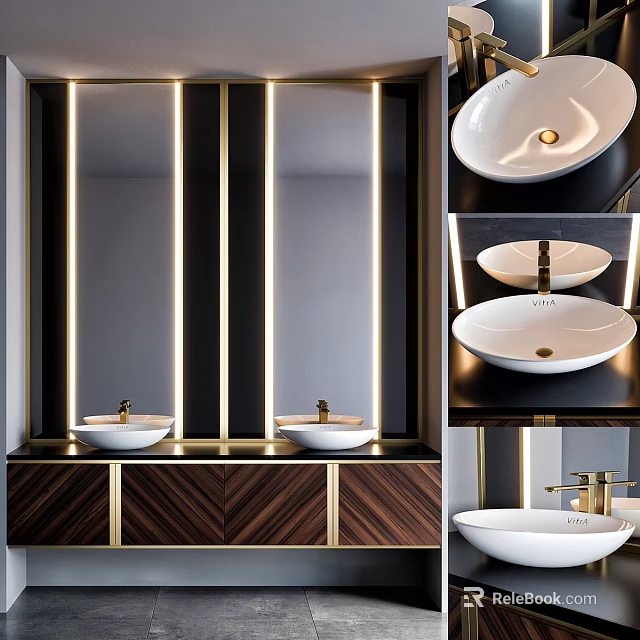 Elegant Modern Washbasin Interior With Double Basin Gold Accents And Wooden Cabinet 3d model 