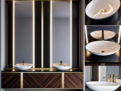 Elegant Modern Washbasin Interior With Double Basin Gold Accents And Wooden Cabinet 3d model