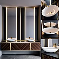 Elegant Modern Washbasin Interior With Double Basin Gold Accents And Wooden Cabinet