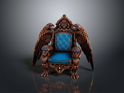 Ornate Winged Chair Design With Blue Tufted Cushion And Intricate Carvings 3d model