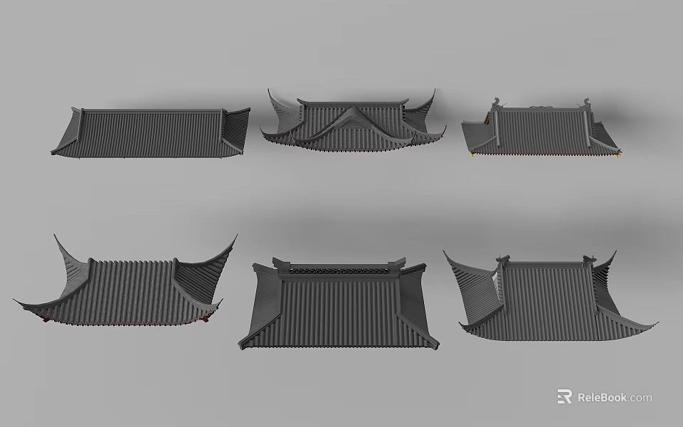 Chinese Architectural Roof Components In Various Styles With Black Tiles And Ornate Upturned Eaves 3d model 