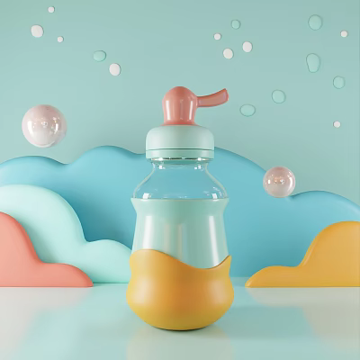 Colorful Transparent Water Bottle With Pink Straw Lid And Cloud Bubbles Design 3d model