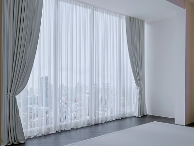 Gray Curtains and White Sheer Curtains in Modern Room With Large Windows and City View 3d model