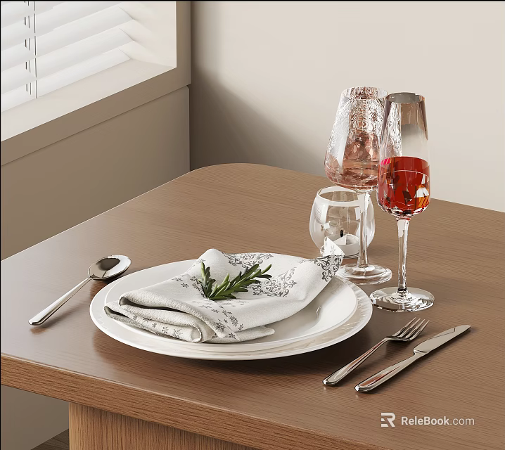 Elegant Dinnerware Set With White Plates Linen Napkin Silverware And Wine Glasses 3d model 