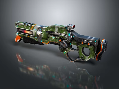 Futuristic Sci Fi Weapon With Green Orange Black Mechanical Design Detailed Grip And Barrel 3d model