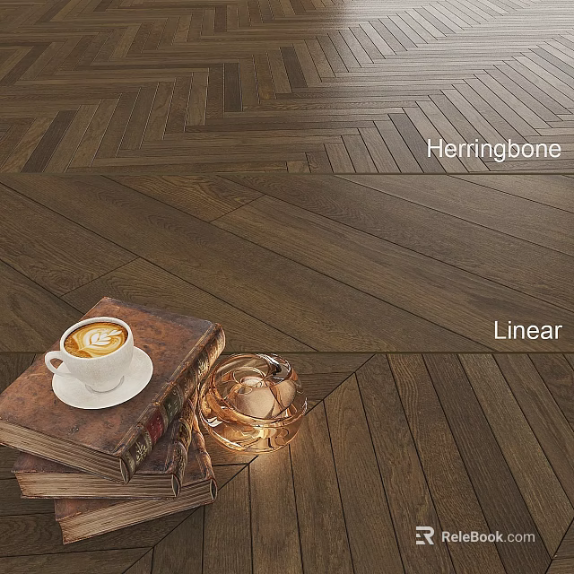 Herringbone and Linear Wooden Floor Design with Coffee Cup Old Book and Glass Cup 3d model 