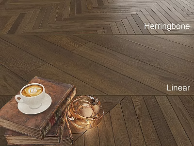 Herringbone and Linear Wooden Floor Design with Coffee Cup Old Book and Glass Cup 3d model