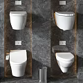 Modern Wall Mounted Toilets Arranged On Grey Marble Bathroom Wall With Metal Bins