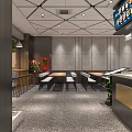 Modern Restaurant Interior With Geometric Ceiling Tables Chairs Bar Counter And Wall Decor