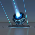 Futuristic Spherical Device With Support Base Emitting Blue Light Beams And Human Figure 3d model