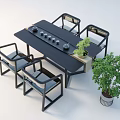 Modern Tea Table And Chairs Set With Tea Set And Potted Plant Decor